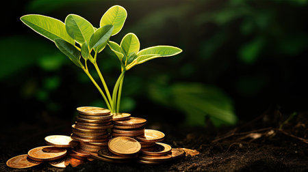 Investment concept, Coins stack with green plant growing from pile of coinsの素材