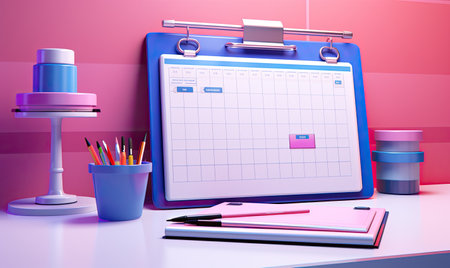 3d render of clipboard with calendar and stationery in office backgroundの素材