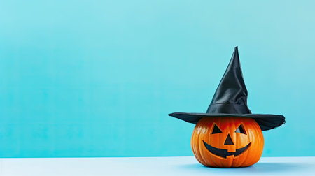 Halloween pumpkin with witch hat on blue background. Copy space.の素材