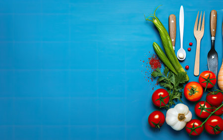 Fresh vegetables on a blue background, top view, copy space.の素材