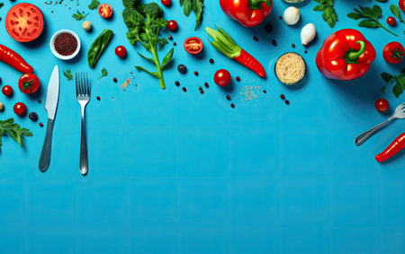 Fresh vegetables and spices on blue background. Top view with copy spaceの素材