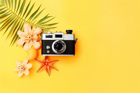 Flat lay composition with retro camera and tropical leaves on yellow backgroundの素材