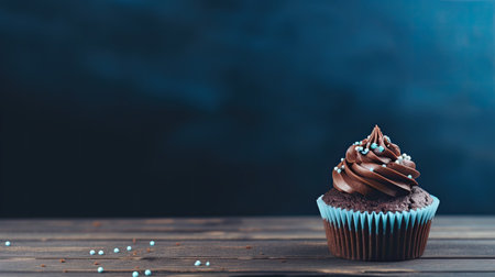 Chocolate cupcake on wooden table with space for your text.の素材