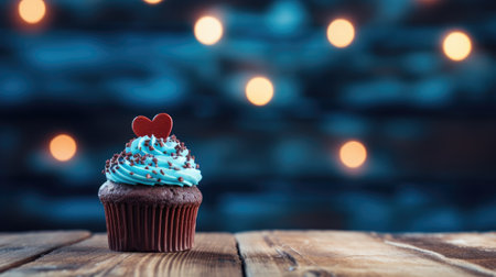Cupcake with heart on top and bokeh lights on backgroundの素材