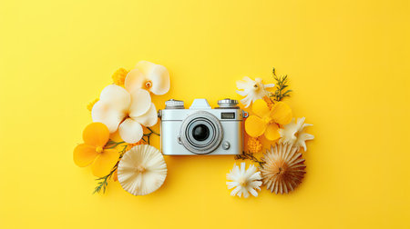 Flat lay composition with retro camera and flowers on yellow background.の素材