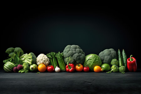 Group of fresh organic vegetables on black background. Healthy food concept.の素材