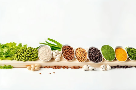 Various types of legumes on white background. Healthy food concept.の素材