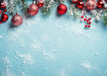 Christmas background with fir tree branches, red balls and snow on blueの素材