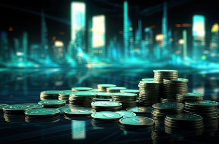 Double exposure of stack of coins with cityscape background, business and finance concept idea.の素材
