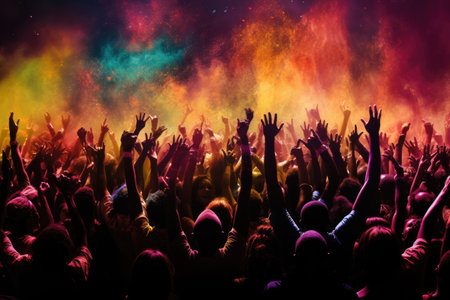 Crowd at a music festival with raised hands. Colorful backgroundの素材