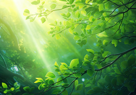 Fresh green leaves background with sunbeams and lens flare in forestの素材