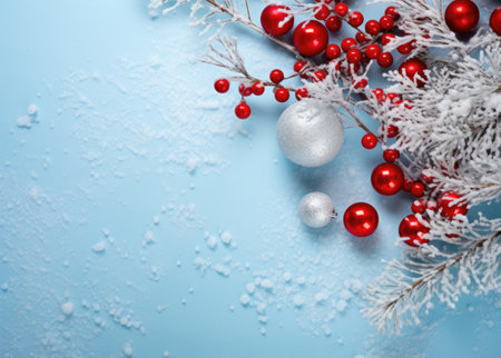 Christmas and New Year background with fir branches, red balls and snowflakesの素材