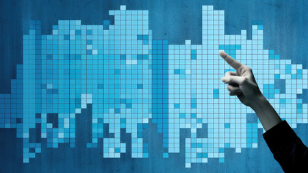 Close up of businessman hand pointing at business graph on blue wall backgroundの素材