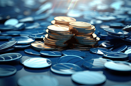 Coins stack on blue background. 3d illustration with shallow depth of fieldの素材