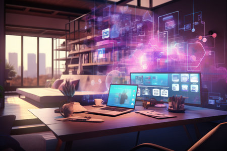 Modern office interior with computers and social media icons. 3D Renderingの素材