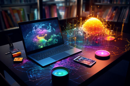 Laptop with glowing brain hologram, tablet and phone on tableの素材