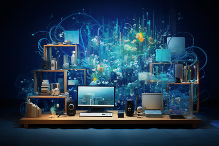Computers and technology devices on shelf in dark room with abstract backgroundの素材