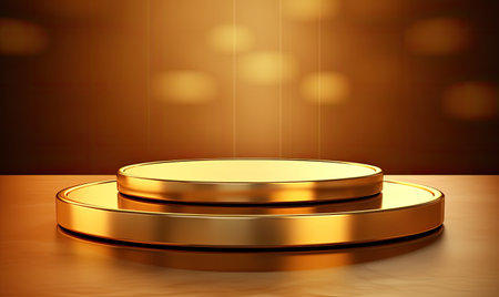 Golden podium on a brown background. 3D illustration. 3D renderingの素材