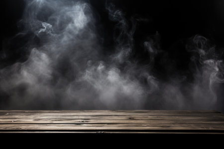 Empty wooden table with smoke on black background. Ready for product display montageの素材