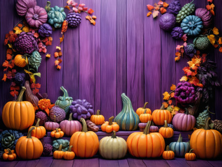 Autumn background with pumpkins and flowers on purple wooden planksの素材