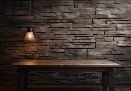 Wooden table and lamp on brick wall background. Mock up, 3D Renderingの素材