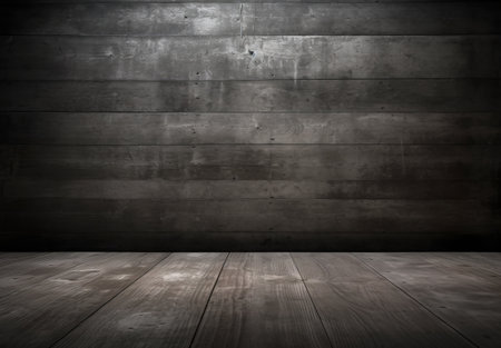 Wooden floor and wall in dark room with wooden planks.の素材