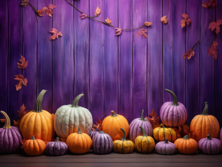 Colorful pumpkins and autumn leaves on wooden planks. Halloween backgroundの素材