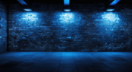 Blue brick wall background with spotlights. 3d rendering toned imageの素材
