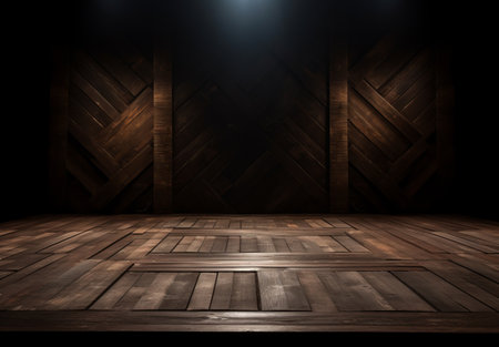 Wooden floor with spotlights in dark room. 3D renderingの素材