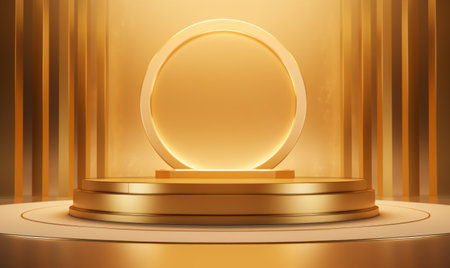 Golden podium on a golden background. 3d rendering, 3d illustration.の素材