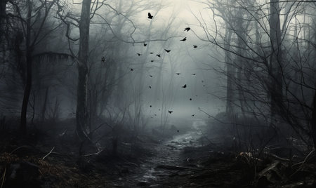 Mysterious dark foggy forest with birds flying in the airの素材
