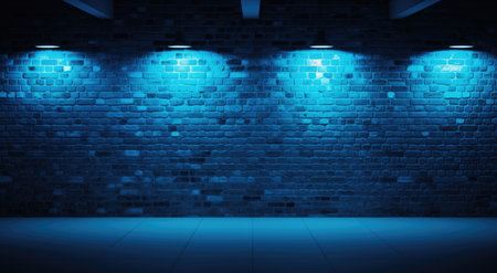 Blue neon lights on a brick wall. 3d rendering toned imageの素材