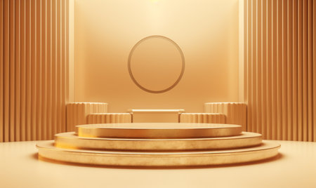 3d rendering of golden podium with round mirror on it. Luxury pedestal for product presentationの素材