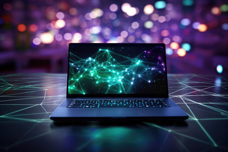 Laptop with abstract network hologram on blurry background 3D renderingの素材
