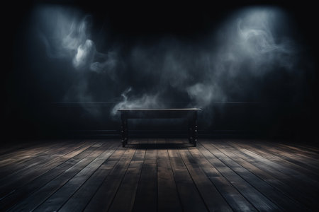 Empty wooden table in dark room with smoke and fog. Halloween conceptの素材