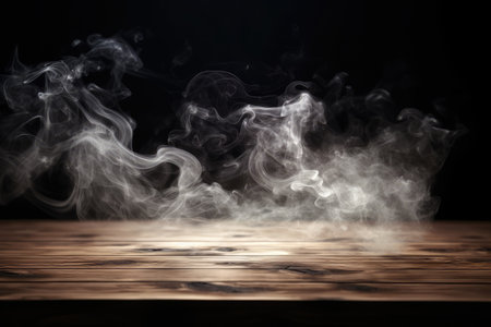 Smoke from the incense sticks on a wooden table on a black backgroundの素材