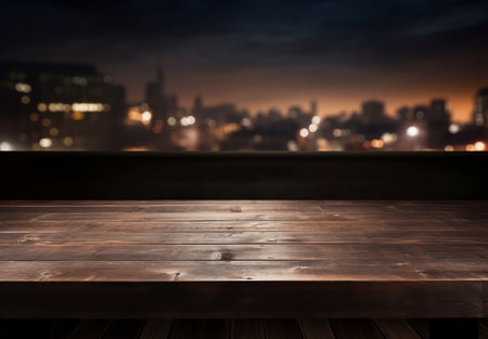 Empty wooden table and blurred city background. Ready for product display montageの素材