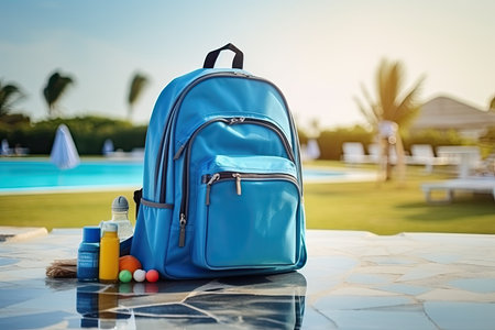 Blue backpack with sunscreen on the swimming pool. Summer vacation concept.の素材