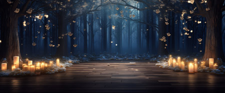 Wooden path in the winter forest with burning candles. 3D renderingの素材