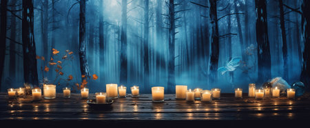 Spooky Halloween background with candles and spooky forest. Halloween conceptの素材