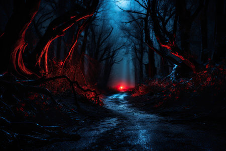 Dark forest road at night with fog and light. Halloween concept.の素材