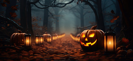 Halloween pumpkin in the dark forest. 3d render illustration.の素材