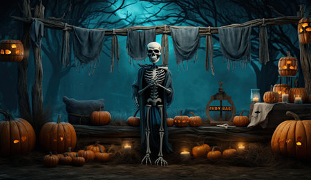 Scary Halloween background with a human skeleton and pumpkins. 3d renderの素材