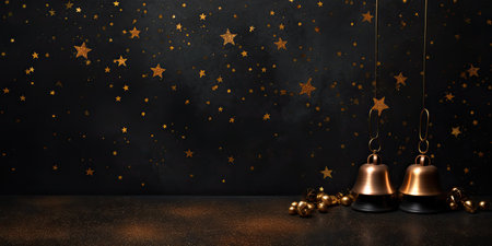Christmas background with golden bells and stars. 3d rendering, 3d illustration.の素材