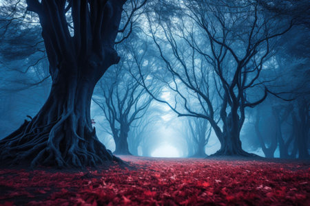 Mysterious dark forest with fog and red leaves. Halloween conceptの素材