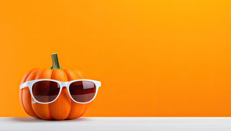 Halloween pumpkin with sunglasses on orange background. 3d illustration.の素材