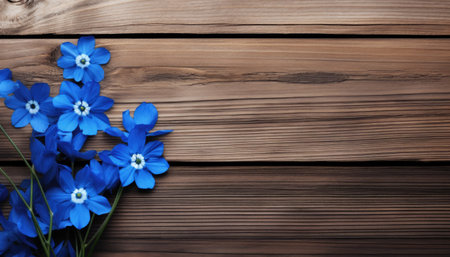 Blue flowers on a wooden background. Place for your text. View from above.の素材