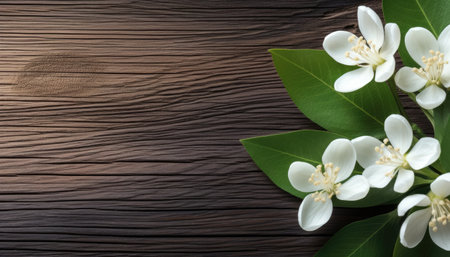 Jasmine flowers on wooden background. Top view with copy spaceの素材