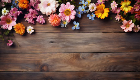 Colorful flowers on wooden background. Top view with copy space.の素材