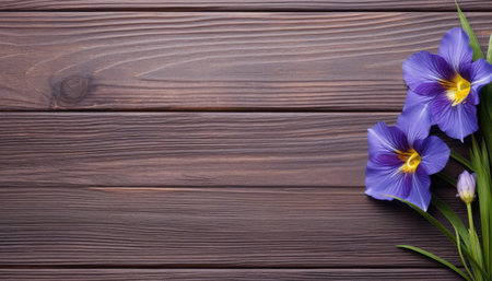 Purple crocus flowers on wooden background. Top view with copy spaceの素材